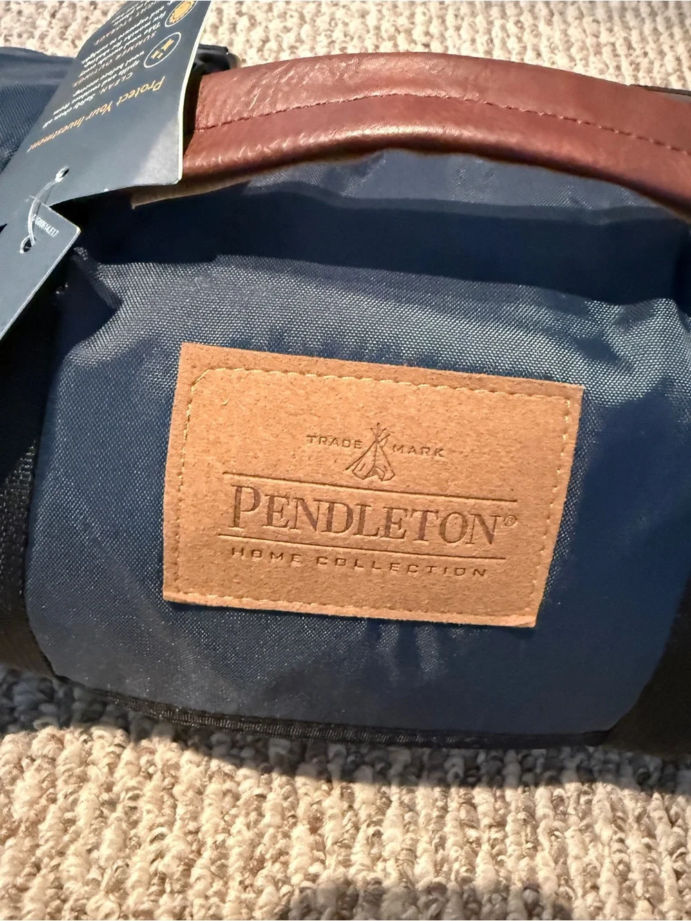 Pendleton Navy Duffel-Style Roll-Up Picnic Blanket Carrier with Plaid Trim